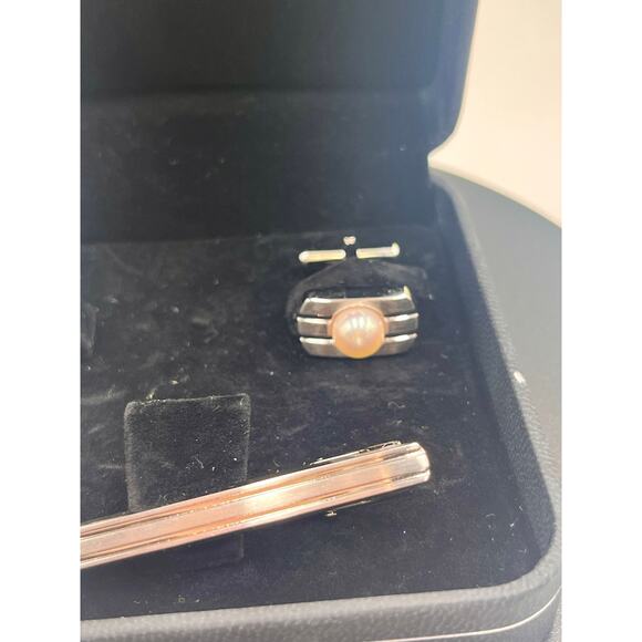 Japanese Vintage Akoya Pearl Tie Clip Cuff Link Set 2013 Japan 10k Gold Plated - Picture 8 of 13